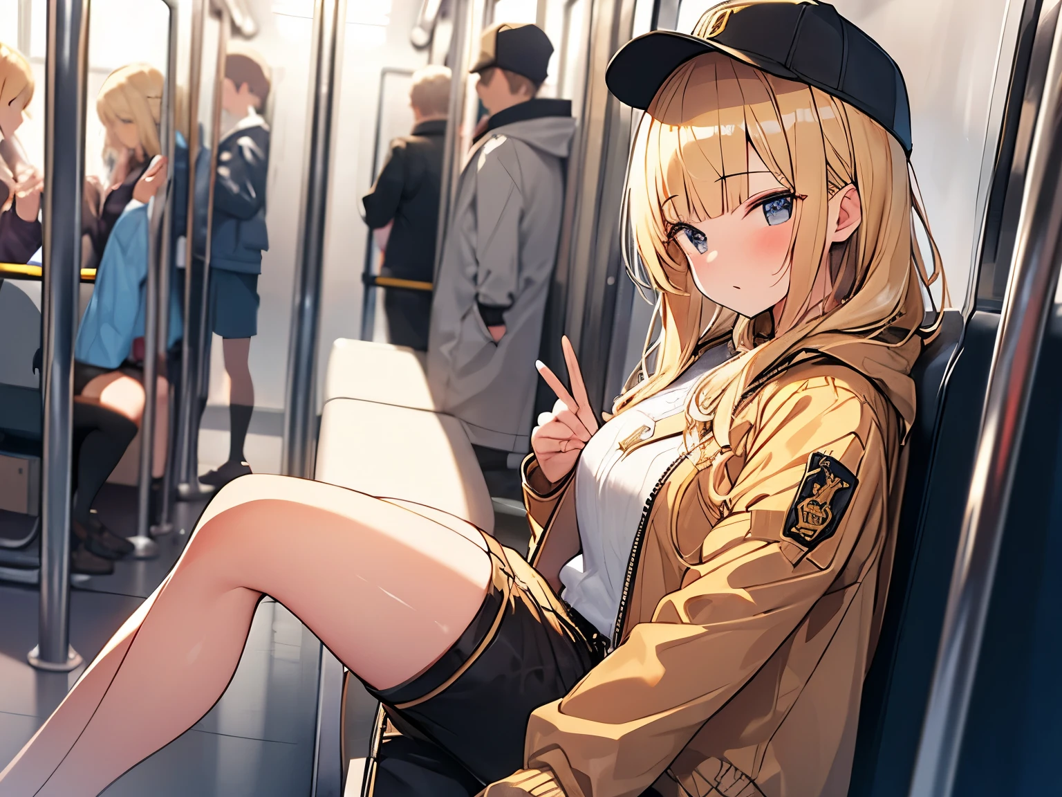 Masterpiece, Top quality, 1 beautiful girl, Blonde, medium Hair, wavy Hair, blunt bangs, silky hair, , standard weight, medium breasts, (cool jacket, Shorts :1.3), cap, happy, blush, beautiful scene on the subway, blurry background, magnificent panorama view, sitting, from side