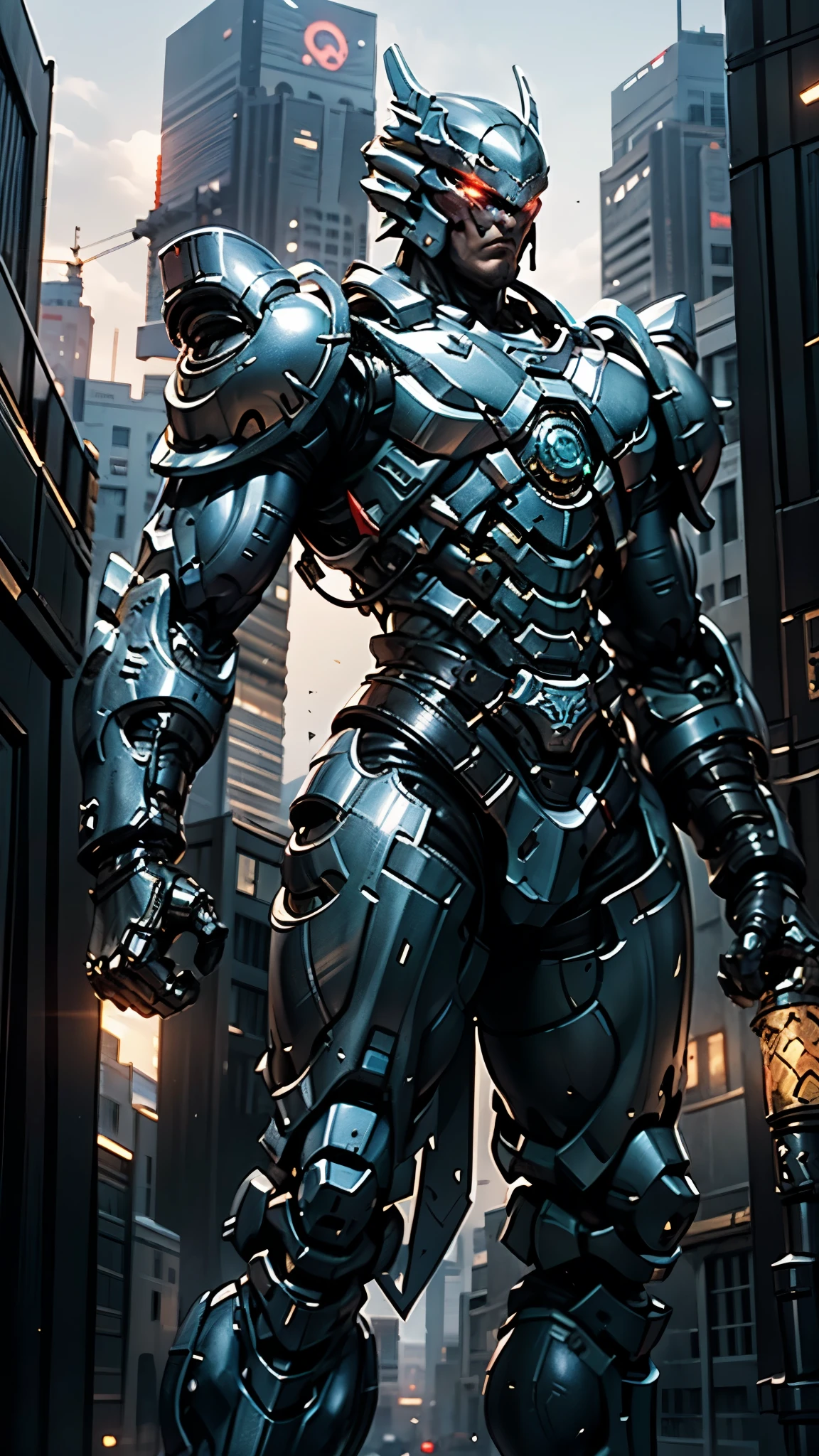 A man wearing a full-face helmet, a fantasy-style biotech armored combat suit, green eyes, (a composite layered chest armor), fully enclosed shoulder guards, matching arm and leg guards, the belt is adorned with dragon claw grasping orbs, (the color scheme is primarily black with red accents), the design balances heavy with agility, a high-tech bio-mecha armor, (Armor Concept Inspired by Dragons, stand on the top of a skyscraper in a futuristic sci-fi city), this character embodies a finely crafted fantasy-surreal style armored hero in anime style, exquisite and mature manga art style, (element, plasma, energy, the armor glows), ((male:1.5)), metallic, real texture material, dramatic, high definition, best quality, highres, ultra-detailed, ultra-fine painting, extremely delicate, professional, perfect body proportions, golden ratio, anatomically correct, symmetrical face, extremely detailed eyes and face, high quality eyes, creativity, RAW photo, UHD, 32k, Natural light, cinematic lighting, masterpiece-anatomy-perfect, masterpiece:1.5