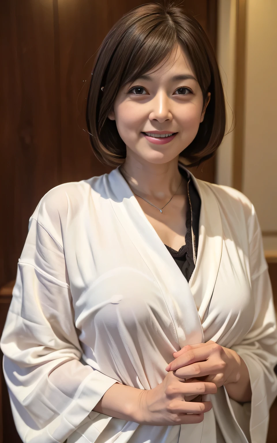 45 year old Japanese man、Bathroom、Wear a bathrobe、Super detailed face、Eye on the details、double eyelid、Beautiful thin nose、Sharp focus:1.2、Beautiful woman:1.4、(Light brown hair,Shortcuts, ),Pure white skin、highest quality、masterpiece、Ultra-high resolution、(Photorealistic:1.4)、Mature Woman,Large Breasts,E cup breasts,A big smile
