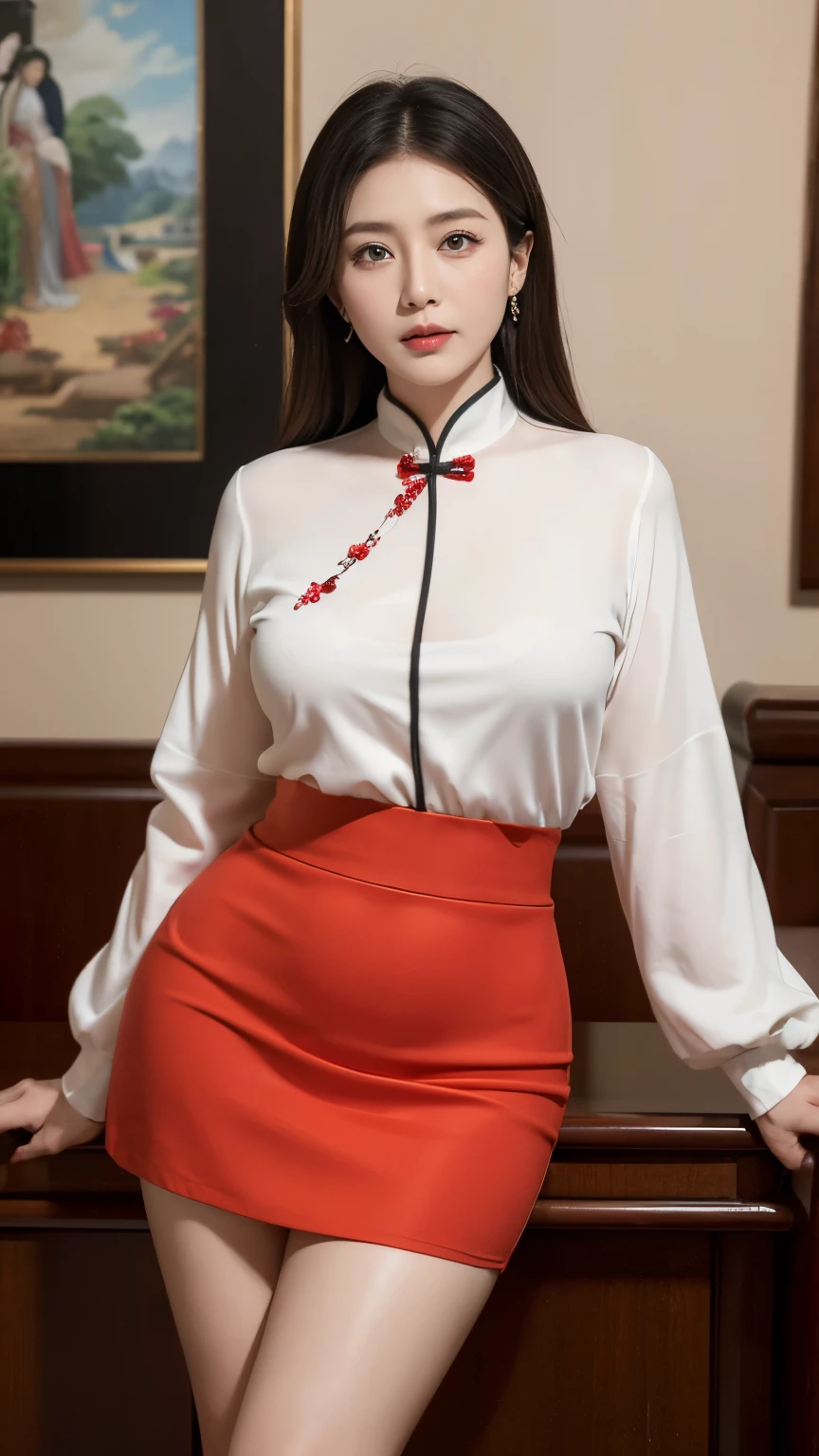 High-definition quality，masterpiece［（50-year-old rural woman）］Chinese Face，［（Clear wrinkles around eyes）］（big eyes，Red lips，Slightly plump body）Thighs are plump，Hip skirt.Standing，Vision，rural