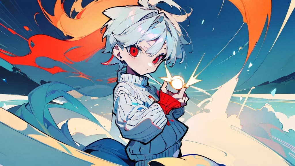 (Masterpiece,Highest quality),(Maximum details),man,************,Short blue and white hair,red eyes,Appearance,handsome,cool,Half a body.,Wear a light yellow, long-sleeved sweater with a sun in the middle.,Straight body,Look at the audience.,chibi