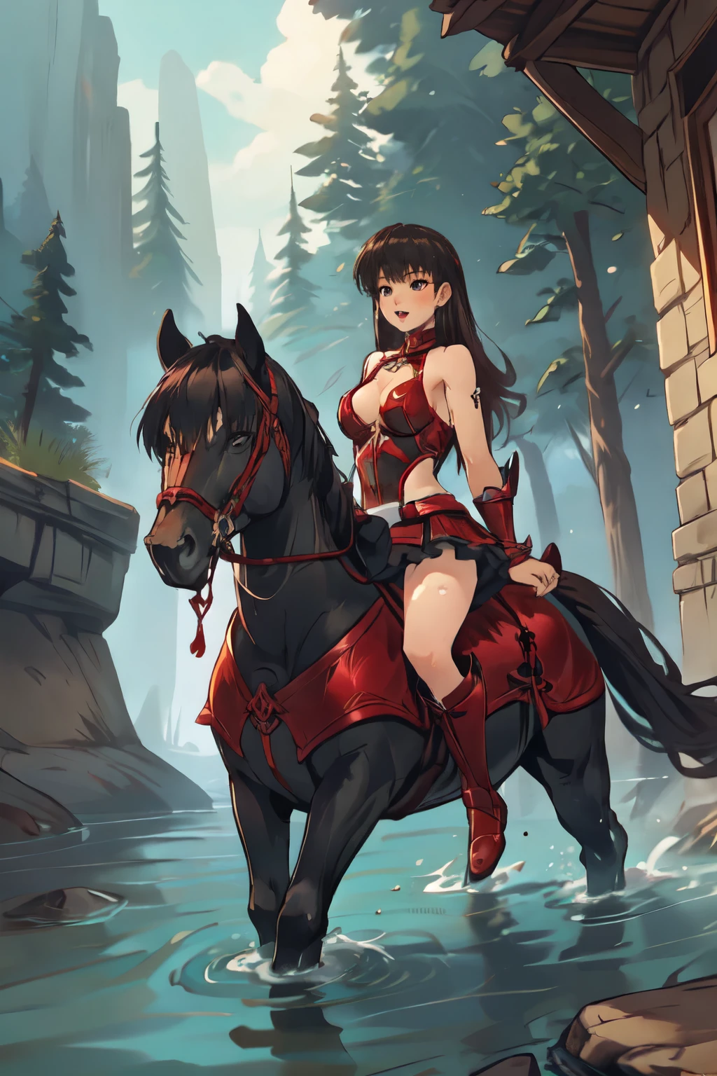 ((best quality)), ((anime masterpiece)), (high detailed), 8k, cinematic lighting perfect face, medium breast, cleavage, female knight riding a BLACK HORSE, ({black hair}, red armor, red miniskirt, red leather boots), (saddle, reins, bridle, stirups), wet body, open little mouth, solo, both hand holding rein, in the river+, swimming in the river++, from side, anatomically correct
