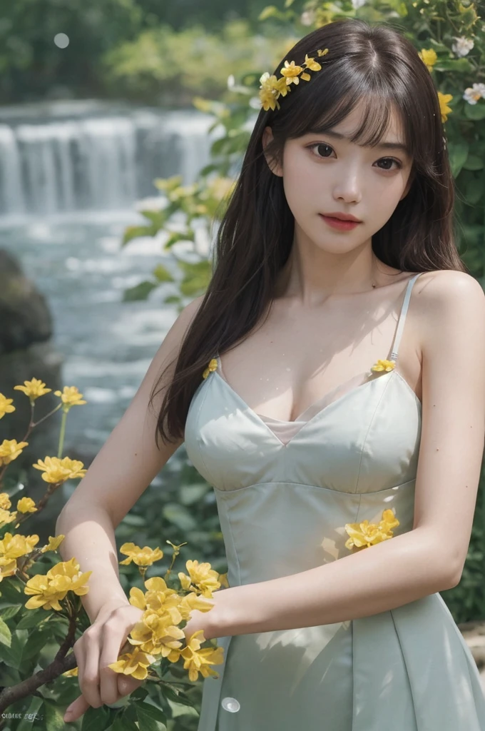 1girl, solo, Sense of advanced,
garden,Colorful flowers,There are many scattered luminous petals,Hidden in the light yellow flowers,Depth of field,Many flying drops of water,Many scattered leaves,branch ,angle ,contour deepening,cinematic angle,
upper body,bangs,crooked head,(laugh:0.5),
corset,