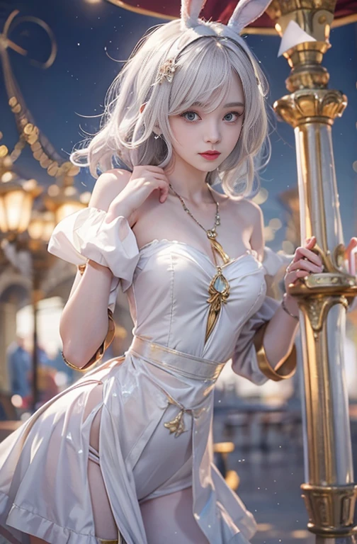  ( Beautiful Girl Standing on the Balcony of an Ancient Castle ),( Realistic Picture , Super detailed, 8k), ((Wide-angle lens, Full Body Woman Standing )),  One Beautiful Girl ，round face、Big eyes、Droopy eyes、light makeup，Cute smile， Exquisite Crystal Jewelry ， Delicate Design Necklace ，crystal headband，Blonde,  short bob,  straight hair，Correct finger structure， Clear White Flare Mini Skirt ,  Clear White Lace Off-the-Shoulder Fashion Outfit，Leather shoes，( knee-high socks、Complex Pattern)、 garter belt、Long legs，Standing posture ，Full body portrait， Fantastic European Castle 、 Rainbow Over the Background 