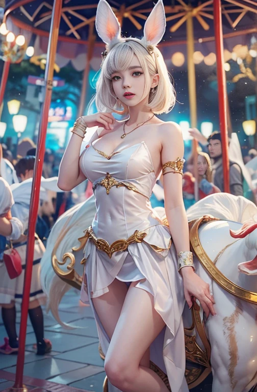 18-year-old, Wide-angle lens, Woman in ancient Greek costume、Woman enjoying merry-go-round at night,Shoulder out、thin、Serious expression、Short-haired、Deadly position, Gorgeous Necklace, Light milky porcelain skin, Smooth, Translucent white skin, Enchanting anime girl, Beautiful and seductive anime woman, Super realistic sweet bunny ears girl, Pale porcelain white skin, Smooth, Realistic and perfect body, Anime Girl Cosplay, Perfect body with realistic shadows, Switzerland'masterpiece, There is a real white rabbit