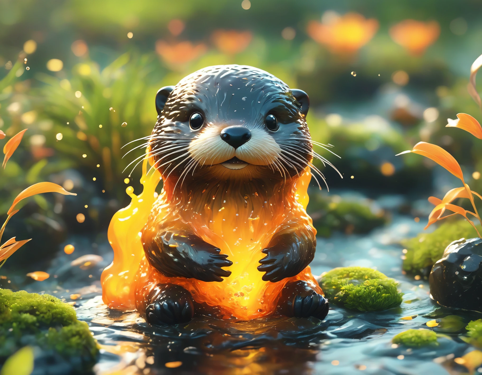 best quality, very good, 16K, ridiculous, Extremely detailed, Cute slime otter,Made of translucent boiling lava, Background grassland((A masterpiece full of fantasy elements))), ((best quality)), ((Intricate details))(8k)