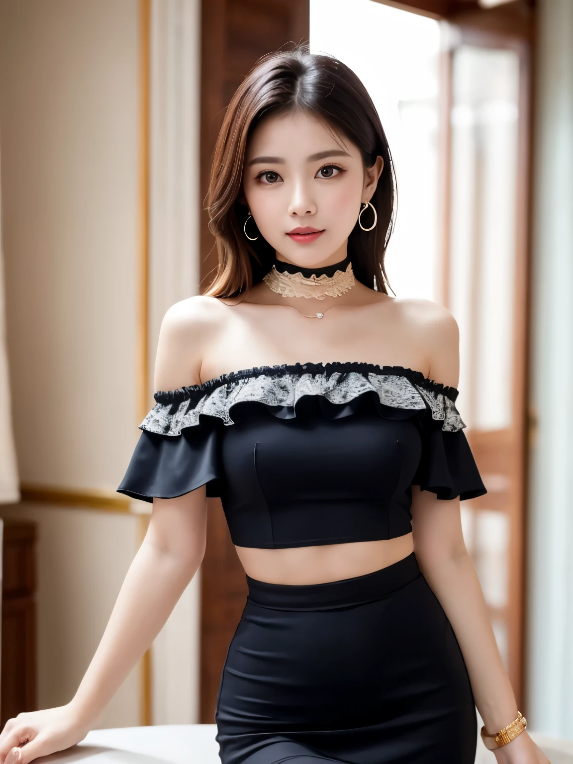 (highest quality, masterpiece), One girl, Intricate details, Off the shoulder, skirt, choker, Frills, See-through, View your viewers, blush, Upper Body, Blurred Background, Luxury Racing, Contrasting