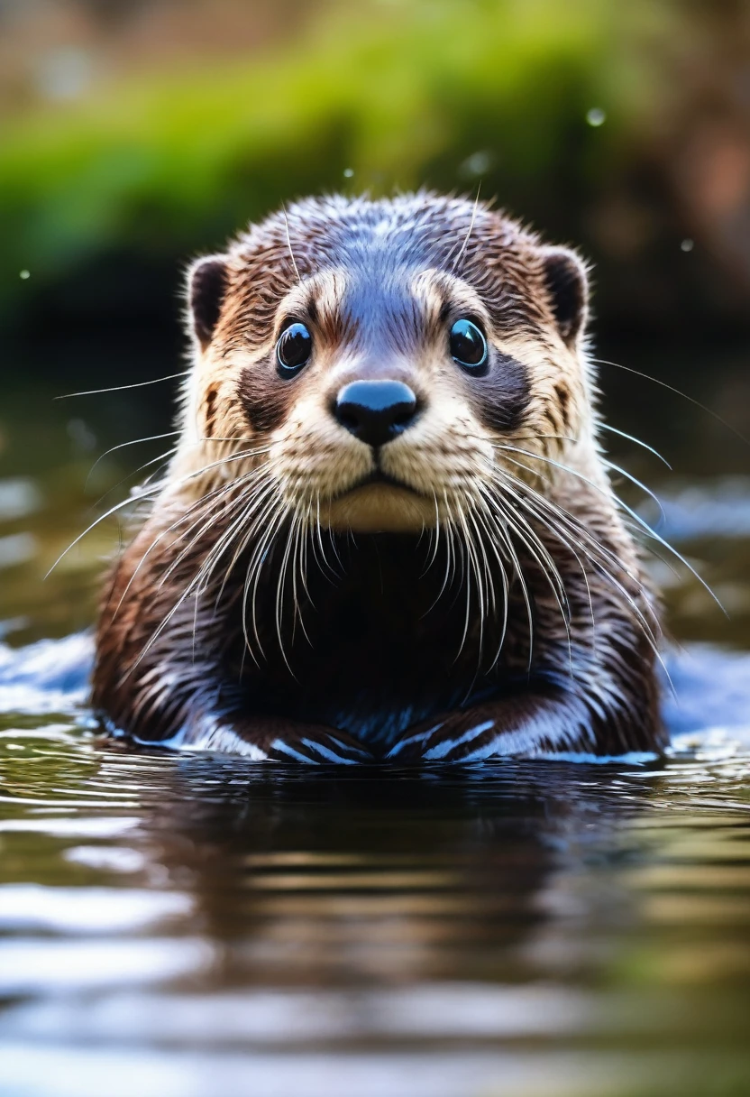 An Otter, aesthetic, (best quality,4k,8k,highres,masterpiece:1.2),ultra-detailed,(realistic:1.37),Otter,playful,adorable,curious,watercolor painting,with beautiful fur,sparkling eyes,expressive face,natural habitat,splashing water,greenery,morning light,peaceful surroundings,vivid colors,endearing,animal wildlife,amazing details,precise strokes,cute little nose,whiskers,fluffy tail,jumping,diving,foraging for food,graceful movements,gentle ripples,reflection on the water,calm atmosphere,serene,refreshing,harmony with nature,soft brushstrokes,subtle textures,exquisite shading,realistic depiction,playful expression,life-like,authentic image,sweet and innocent,emotional connection,heartwarming,classic art style,positive energy,joyful spirit