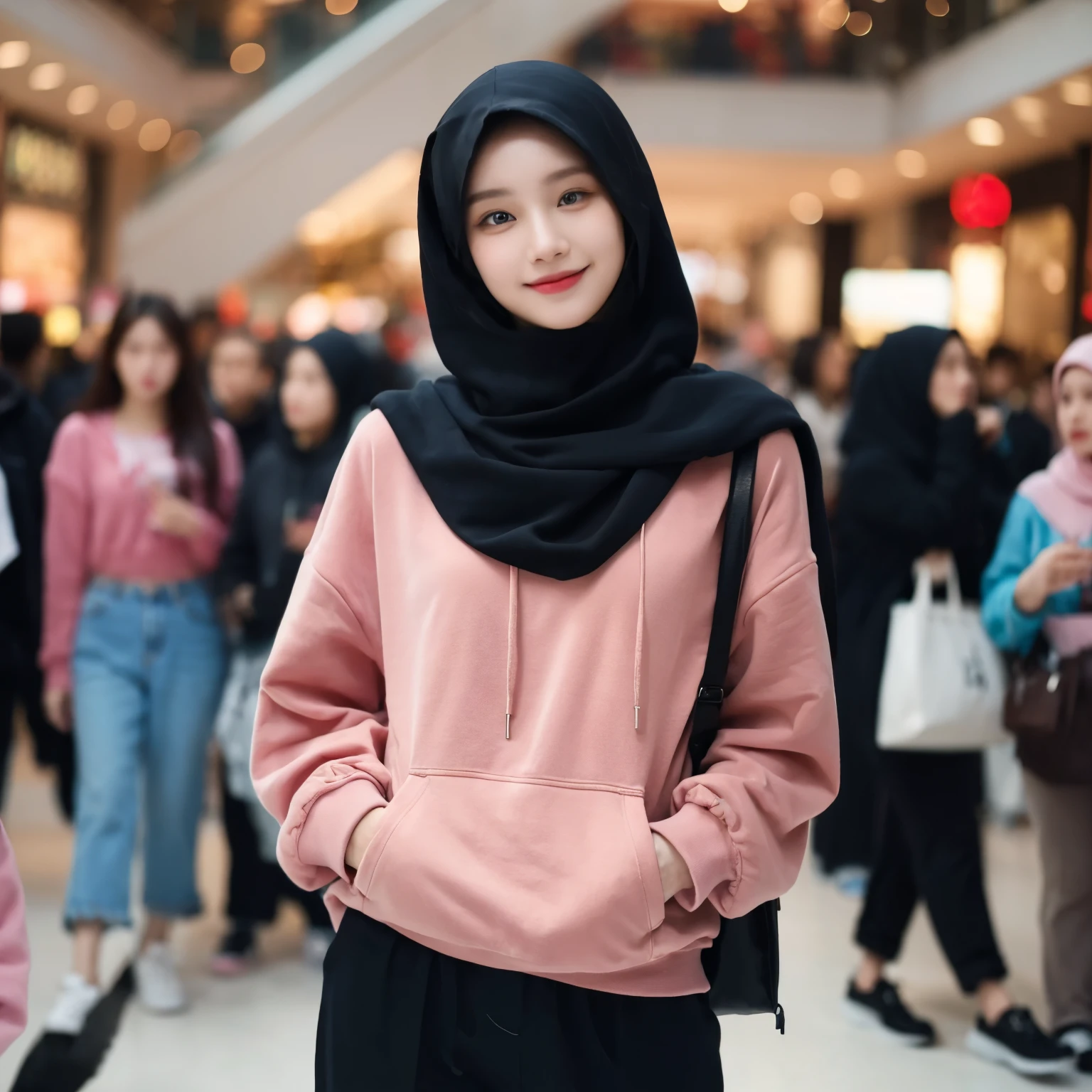 20 years old, pure beauty, Danfeng Eyes, double eyelids, an Asian woman, 20 years old, wearing a black hijab, pink hoodie, black trousers, white shoes, looks like an Asian, background in a busy mall, stylish, smile: 1.2, Filter rendering, Ultra-fine, HD, HD, HD picture quality, detail, 18k ultra HD resolution, top effects, masterpiece, Half-length photos.