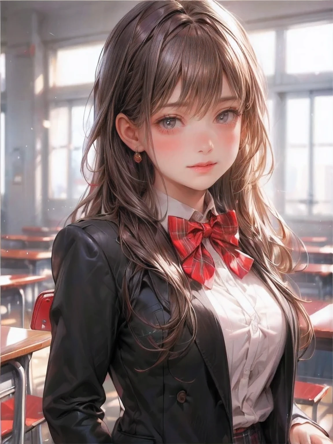 masterpiece:1.2,highest quality, 16k, ultra-realistic:1.37, beautiful detailed, cute girl, standing in classroom, (red bowtie, open blazer,red plaid mini skirt), through bangs, long eyelash, sparkling eyes, shining rosy lips, gently smile, beautiful delicate(hair, face, eyelash, eyes, pupils, lips, hands, thigh), perfectly proportioned body, middle breasts, cute realistic face