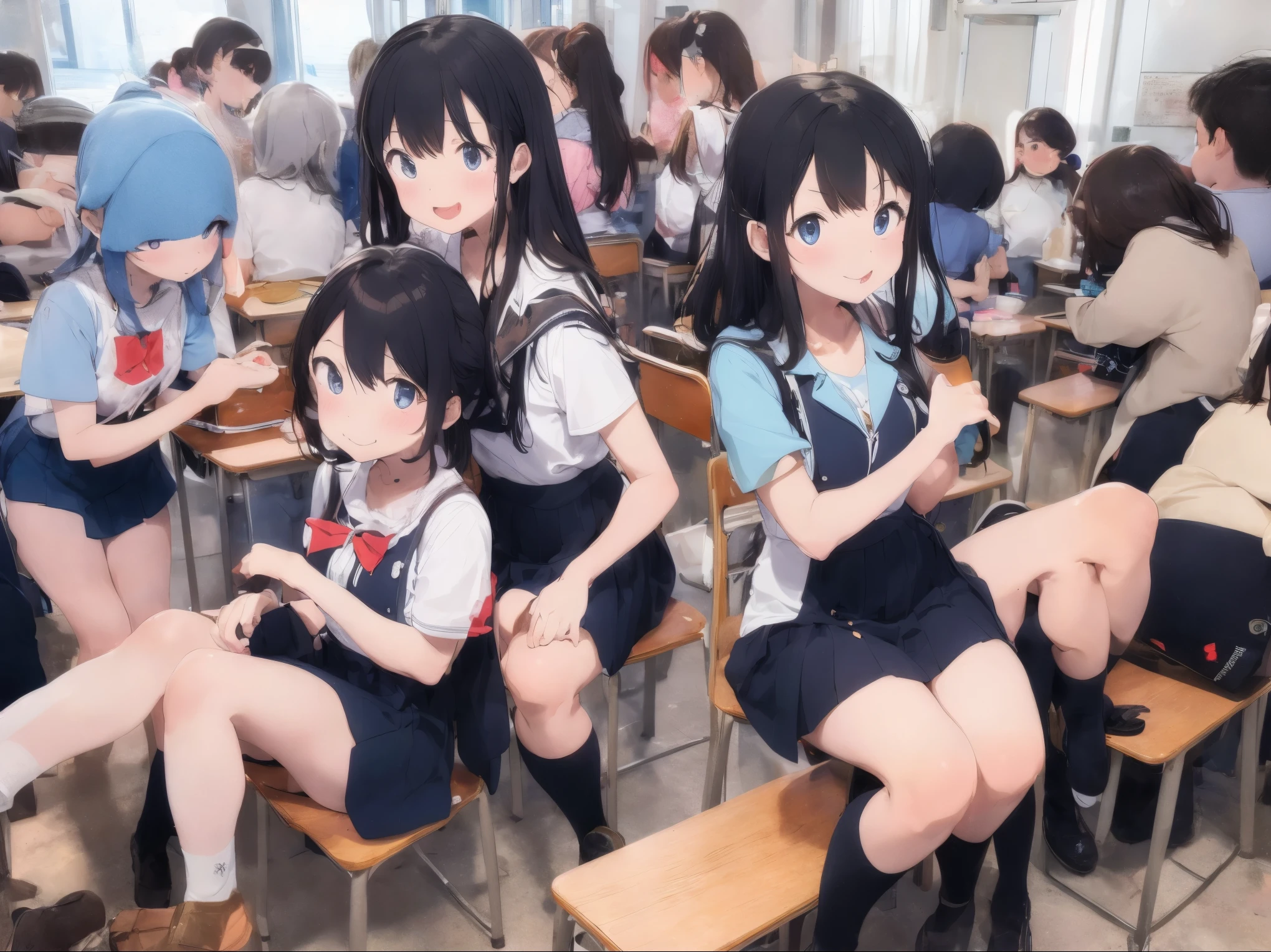 School classroom、Cute innocent uniform、Group photo with many friends、Skirt flip、Bare legs and leather shoes