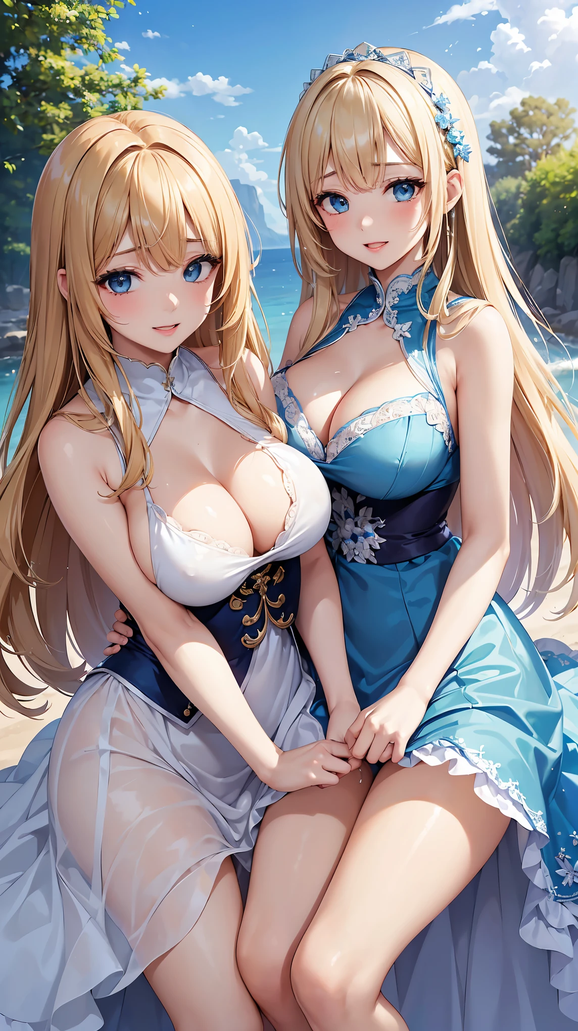((highest quality、High resolution))、Portrait、A beautiful woman、Perfect body、Beautiful ample breasts、Long blonde、bangs、Blue and white、Embellished blue sexy dress、skirt、Sexually excited facial expression、Love juice、No panties、((Two beauties showing their pussies))、I'm inviting you to have sex、Outdoor Scenery