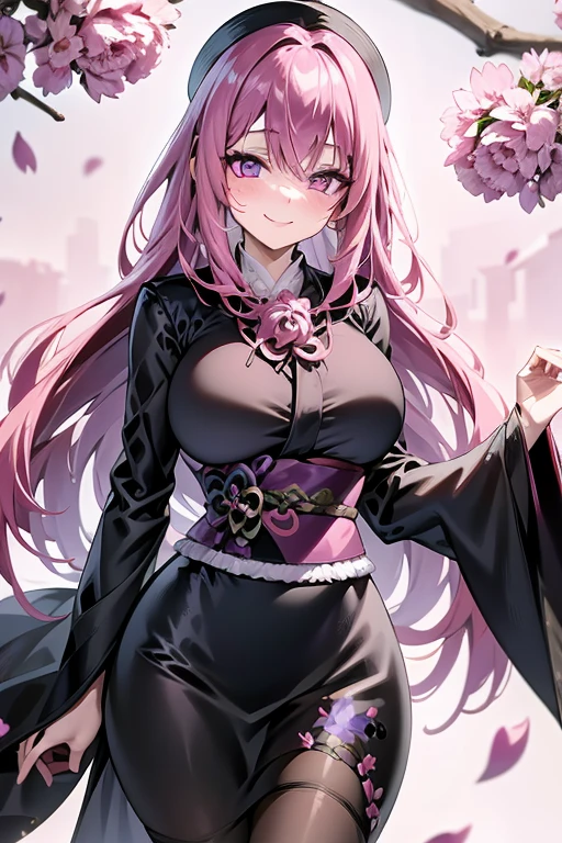 A pink haired woman with violet eyes and an hourglass figure in a Gothic kimono is smiling in a flurry of peony petals