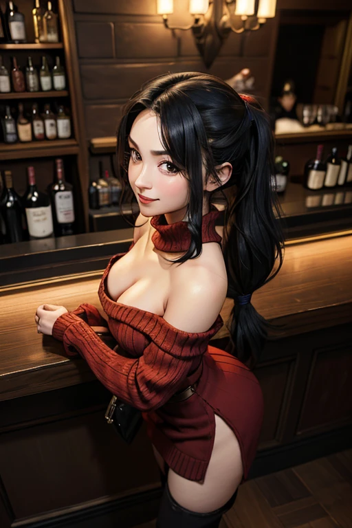 (from above:1.1),(from side:0.9), ((Face)), (Close-Up:0.4), masterpiece,"A 26-year-old girl stands at a bar counter. She is dressed in a stylish off-shoulder dress, sweater dress, off-shoulder sweater, red sweater,garter stocking, midriff, red skirts, black thighhighs, thigh strap, pretty girl, (highly detailed beautiful face and eyes,firm breasts),real skin,((black,hair,long pony tail hair)),thin pubic hair,cute and lovely pose, detailed eyes, This masterpiece is only visually stunning but also tells,(double breasted:0.6,under bust:0.6,cleavage:1.1,),(small breasts:1.2),(perky chest:1.1), (pointed chest:1.3), medium hips, glamorous body,(with sparkling eyes and a contagious smile),open mouth. The bar is beautiful, with colorful bottles of alcohol in the background and a soft glow from neon lights. The atmosphere is relaxed, and the girl looks confident and fashionable.",full body, sexy pose,make a cocktail , in a bar counter, Looking at Viewer,