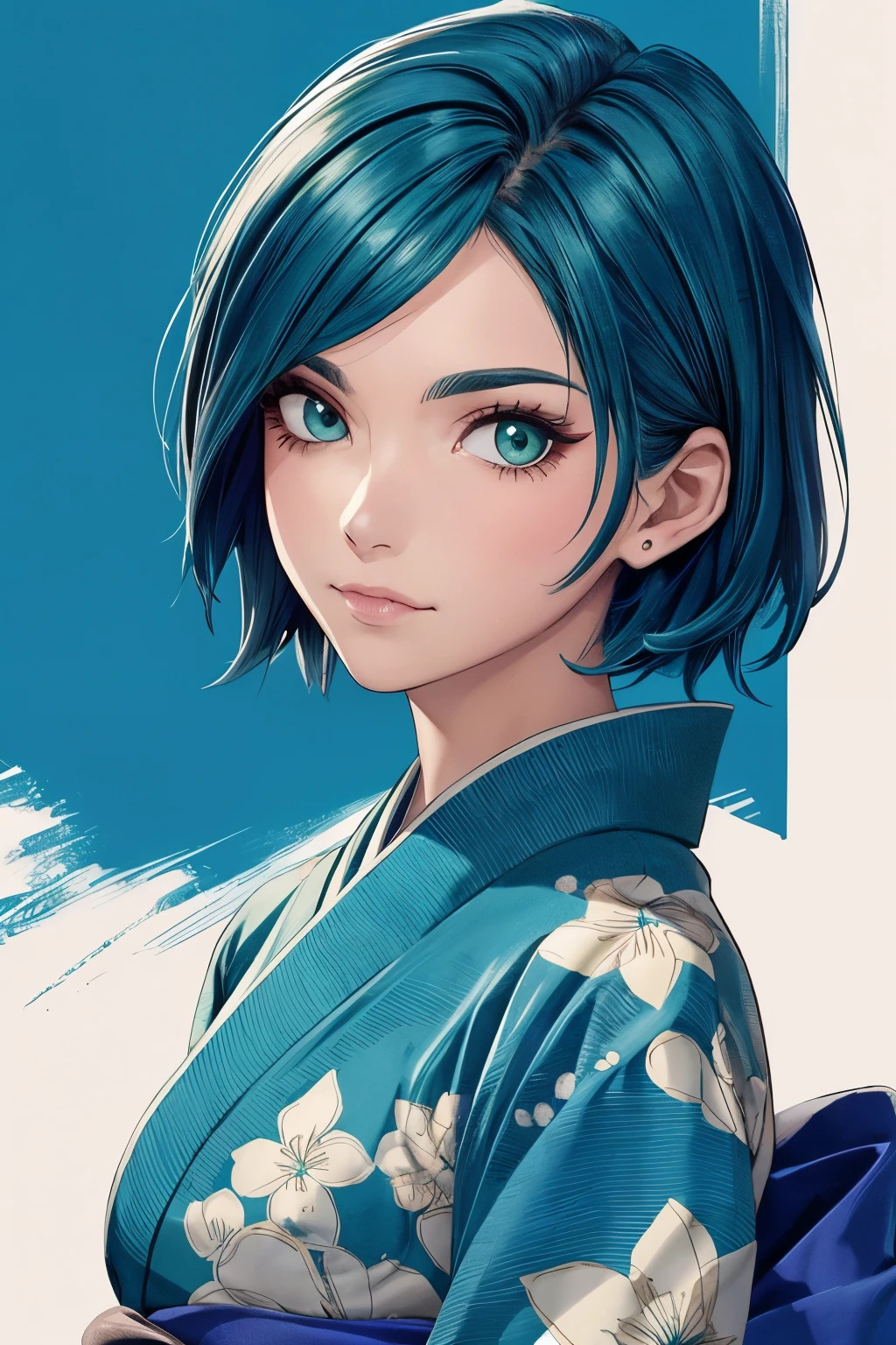 ((melhor qualidade)), ((obra de arte)), (detalhado), rosto perfeito
kunoichi, green eyes, blue long kimono, short hair,