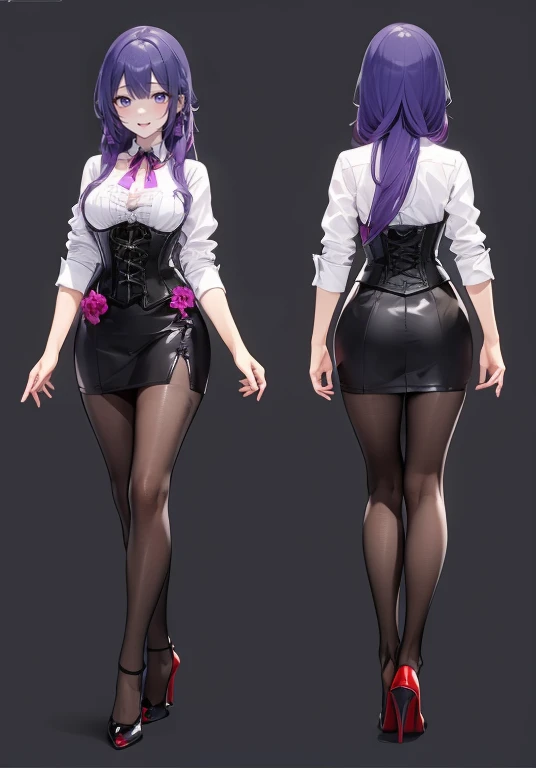 Purple hair,long hair,Adult female,(Bartender),((Rolling up your sleeves shirt)),(Corset),(Tight skirt),(high heels),((Simple background)),Smile,((Full body)),((whole body)),Character Sheet,