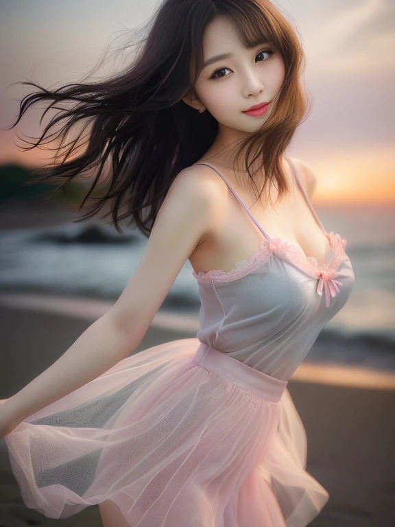 Photo-realistic quality、A woman wearing a pale pink sheer camisole on the beach,Thin shoulder straps、Grey mini skirt、 Beautiful Japanese Girls, Gorgeous Young Japanese Woman, Sexy Idol, beautifulモデルの女の子, beautiful若い日本人女性, young woman,View the photographer、 beautiful20Old Japanese woman, A seductive and seductive smile, Slim girl model photo、looking at the camera、Detailed and beautiful eyes、Soft and small mouth