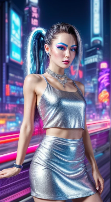 ((masterpiece:1.4, best quality))++, (ultra detailed)+,(best quality,ultra-detailed,vivid color,colorful, dynamic angle, high contrast:1.2),upper body, pale skin, pale skin, pale skin
(two-tone metallic red color short tight dress:1.2),sexy,(short_skirt:1.3),,sleeveless,(futuristic cityscape,racing track, neon sign, search light, holograms:1.3),delicate face, delicate featurerom below:0.5),
fashionable, vibrant, outfit, posing, front, colorful, dynamic, background, elements, confident, expression, statement, accessory, majestic, coiled, around, scene,cover, bold, attention-grabbing,stylish, font, catchy, striking, modern, trendy, focus, fashion,
cute 1girl,(solo:1.3),(flat chest:1.2),double ponytail,(jewel-like blue eyes:1.3), (shiny hair, silver long hair:1.3),