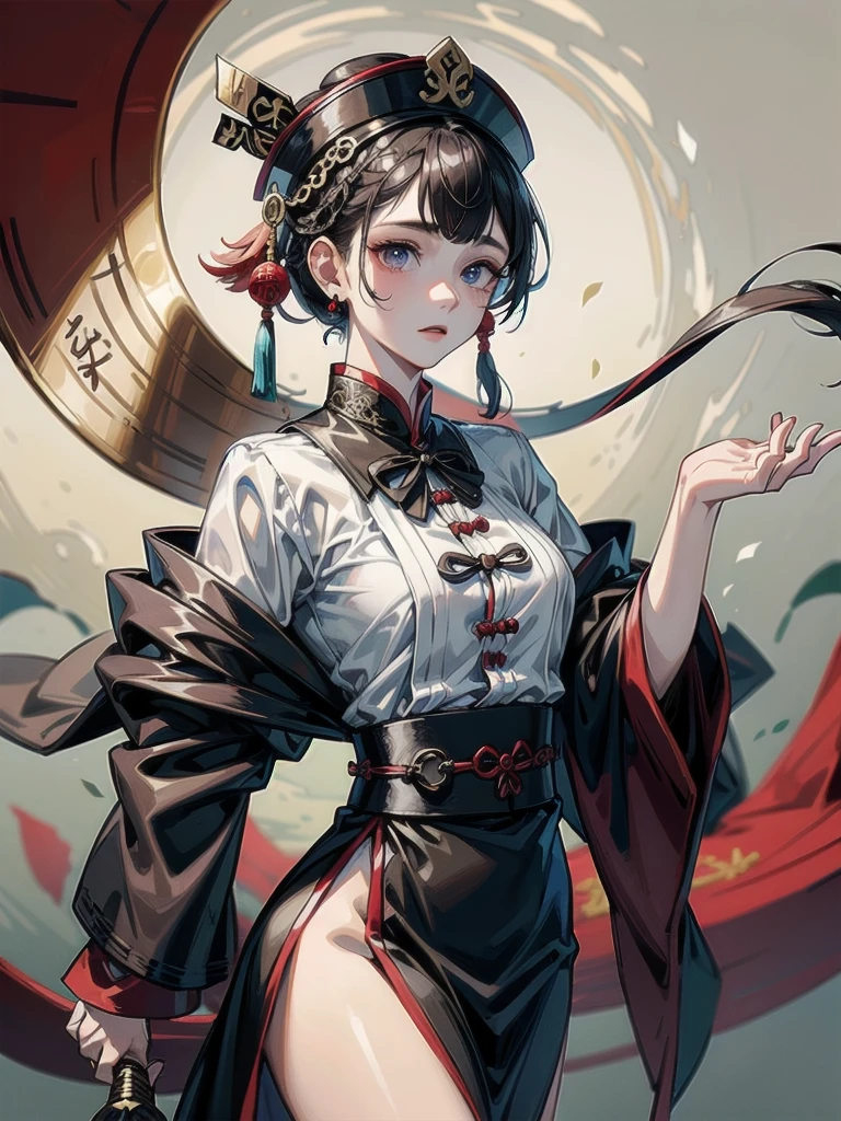 cemetery, dress, braid, chinese clothes, headwear, ofuda, jiangshi, qing guanmao, absurdres, RAW photo, extremely delicate and beautiful, masterpiece, Best Quality, ultra high resolution, 32k, hyperrealistic, ultra-detailed, detailed description, pale skin, 20 years old, tearful mole, earring, Colossal tits, short medium hair, wavy hair, whole body shot,