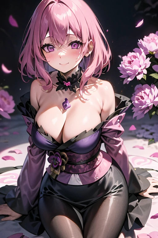 A pink haired woman with violet eyes and an hourglass figure in a Gothic kimono is leaning forward while smiling in a flurry of peony petals