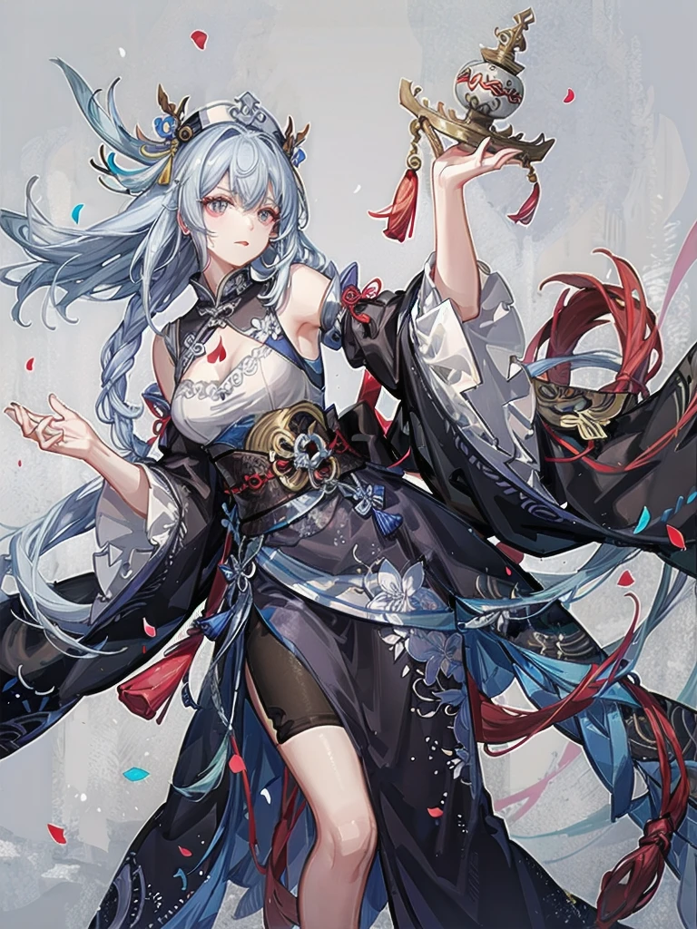 cemetery, dress, braid, chinese clothes, headwear, ofuda, jiangshi, qing guanmao, absurdres, RAW photo, extremely delicate and beautiful, masterpiece, Best Quality, ultra high resolution, 32k, hyperrealistic, ultra-detailed, detailed description, pale skin, 20 years old, tearful mole, earring, Colossal tits, short medium hair, wavy hair, whole body shot,