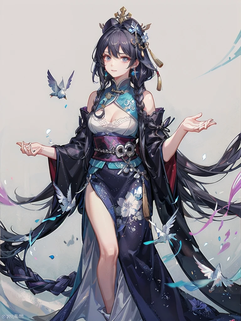 8k, solo, 1 girl, best quality, ultra high res, photorealistic, (colorful, vivid color tone, art nouveau), extremely detailed lighting, cinematic lighting, soft lights, (masterpiece, high quality:1.4), (finely detailed beautiful eyes), <lora:ichihara_yuuko-10:0.7>, (ichihara yuuko, very long black hair, very long kimono, pipe), (full body), (very tall and thin, very long legs), (huge breast), (symbol of moon, round mirror, bird cage), ((full of smoke, flying butterflies, many elegant flowers:2))