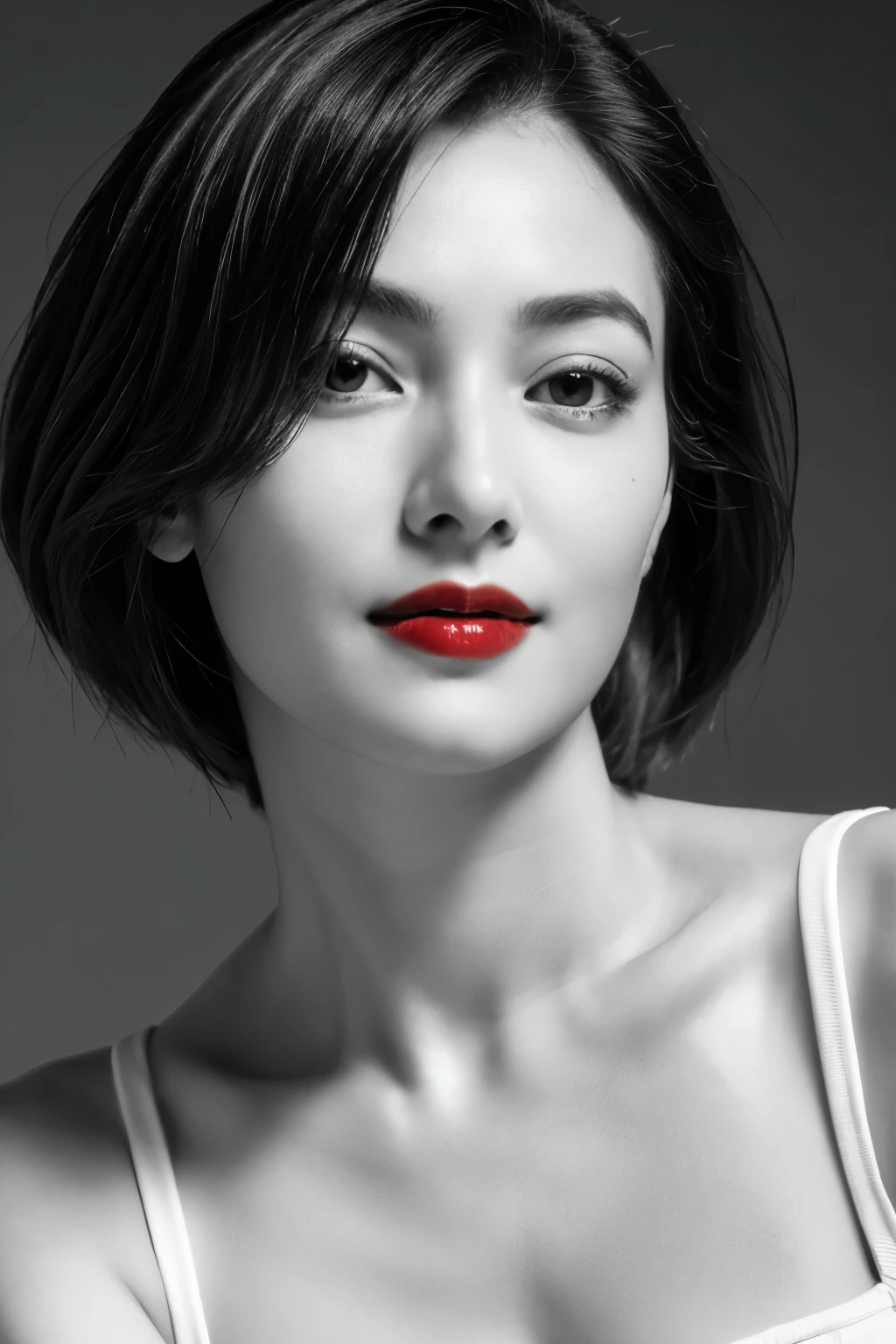 Tabletop, highest quality, Photorealistic, Very detailed, finely, High resolution, 8k wallpaper, RAW Photos, Professional, High level of detail, 1 girl, (((Black and white photography))), (((Red lips))), ((Looking at the camera)), (Look forward), Upper Body, short hair, Bob Hair, (Straight Hair), Shapely breasts, Cleavage, V-neck light knit sweater