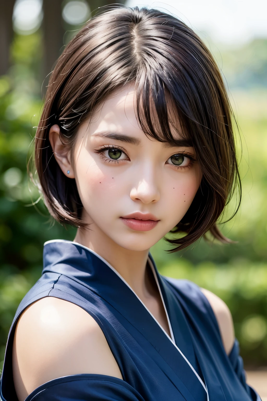 ((melhor qualidade)), ((obra de arte)), (detalhado), rosto perfeito

sumi-e, kunoichi, green eyes, blue long kimono,  short hair, 
