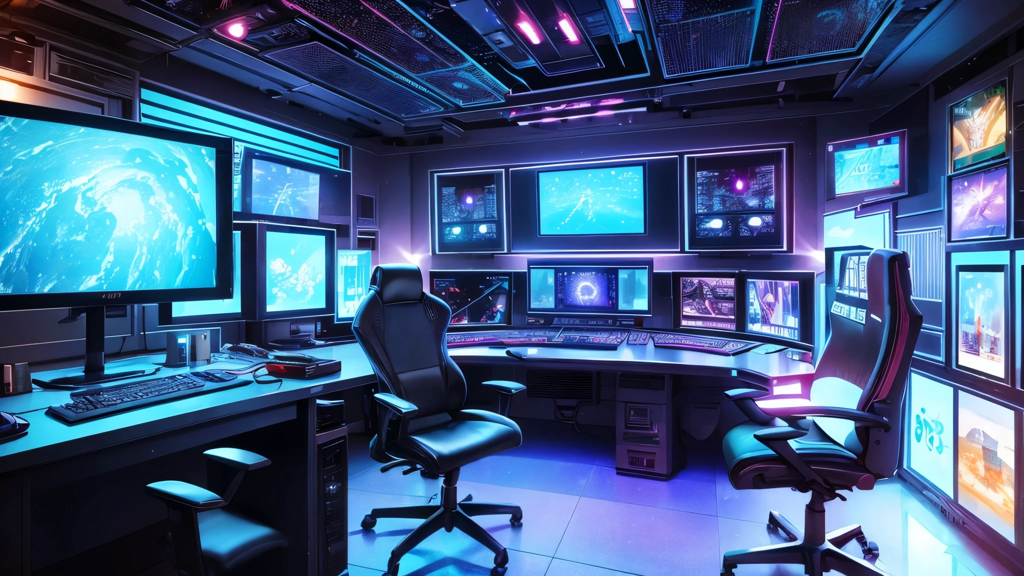 A room with many game screens、cyber punk、Gamer、LED light emitting、speaker、４D、Room view、Studio、Milky Way、