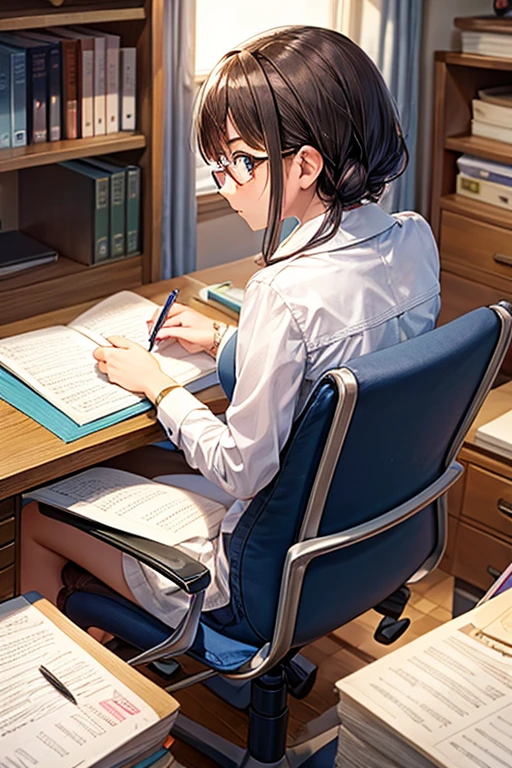 girl in glasses, leaning over desk, writing something in a notebook, papers scattered around her, we're looking at her from behind, she is sitting in the office