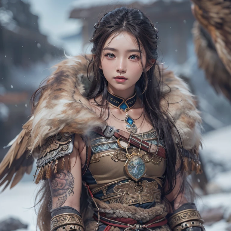 Hiding in the snowy mountains、Hair flow、 ((highest quality、masterpiece、8k、Best image quality、Ultra-high resolution、Award-winning works)、(Accurate anatomy:1.1)、(Look at me and smile:1.1)、Shining fair skin with Ultra-high resolution、The most detailed face、Ultra-high resolution detailed face、Ultra-high resolutionの髪の毛、(Ultra-high resolutionの煌めく瞳:1.1)、Beautiful face drawn in every detail、(Blurred Background:1.1)、Ancient Inuit clothing, Chest to chest, tattoo, Old ruins in the background、Apart from the real giant eagle