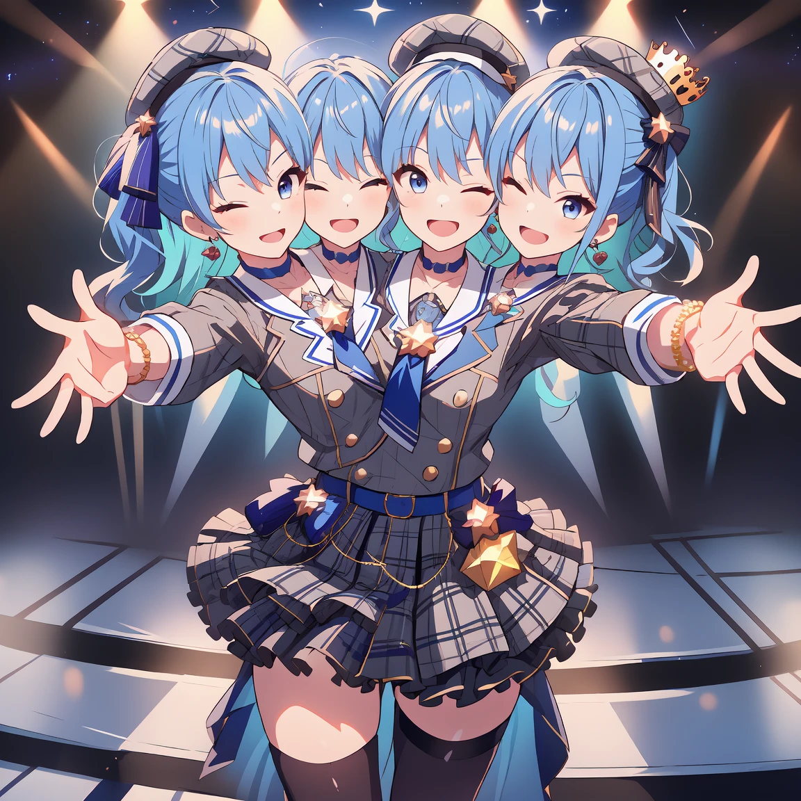 (masterpiece, best quality), best resolution, 16k, (2heads:1.5), close-up, 1girl, solo, HoshimachiSuisei, side ponytail, blue hair ribbon, SuiseiBase, plaid beret, crown, blue star choker, star earrings, blue ascot, plaid jacket, plaid skirt, layered skirt, partially fingerless gloves, star bracelet, uneven legwear, thigh strap, standing, ((cheek to cheek)), (open arms, outstretched arms, hands open), smile, open mouth, one eye closed, singing, dacing, look at viewer, exciting, concert stage, starfield, spotlight