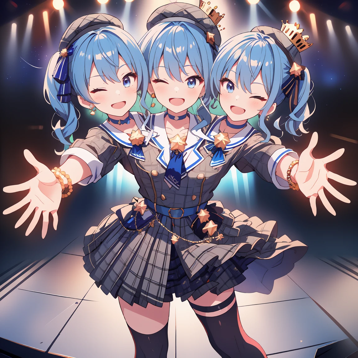 (masterpiece, best quality), best resolution, 16k, (2heads:1.5), close-up, 1girl, solo, HoshimachiSuisei, side ponytail, blue hair ribbon, SuiseiBase, plaid beret, crown, blue star choker, star earrings, blue ascot, plaid jacket, plaid skirt, layered skirt, partially fingerless gloves, star bracelet, uneven legwear, thigh strap, standing, ((cheek to cheek)), (open arms, outstretched arms, hands open), smile, open mouth, one eye closed, singing, dacing, look at viewer, exciting, concert stage, starfield, spotlight