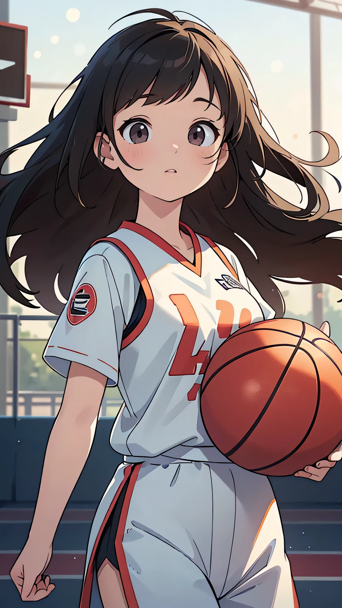 (8k, highest quality, masterpiece:1.2), (Realistic, photo-Realistic:1.37), Very detailed,highest quality, Ultra-high resolution, Professional Lighting, Photon Mapping, Radio City, Physically Based Rendering, Cinema Lighting, Basketball court,Depth of written boundary, Sharp focus,Sunbeam, Good composition,(Bokeh:1.2) One girl,alone,(whole body), (Mouth closed),Beautiful fine details, Pause, Tight waist,Basketball Uniforms, Black Hair,Messy Hair,Long hair blowing in the wind,(Ulzzang-6500:1.2), Mix 4, Hello