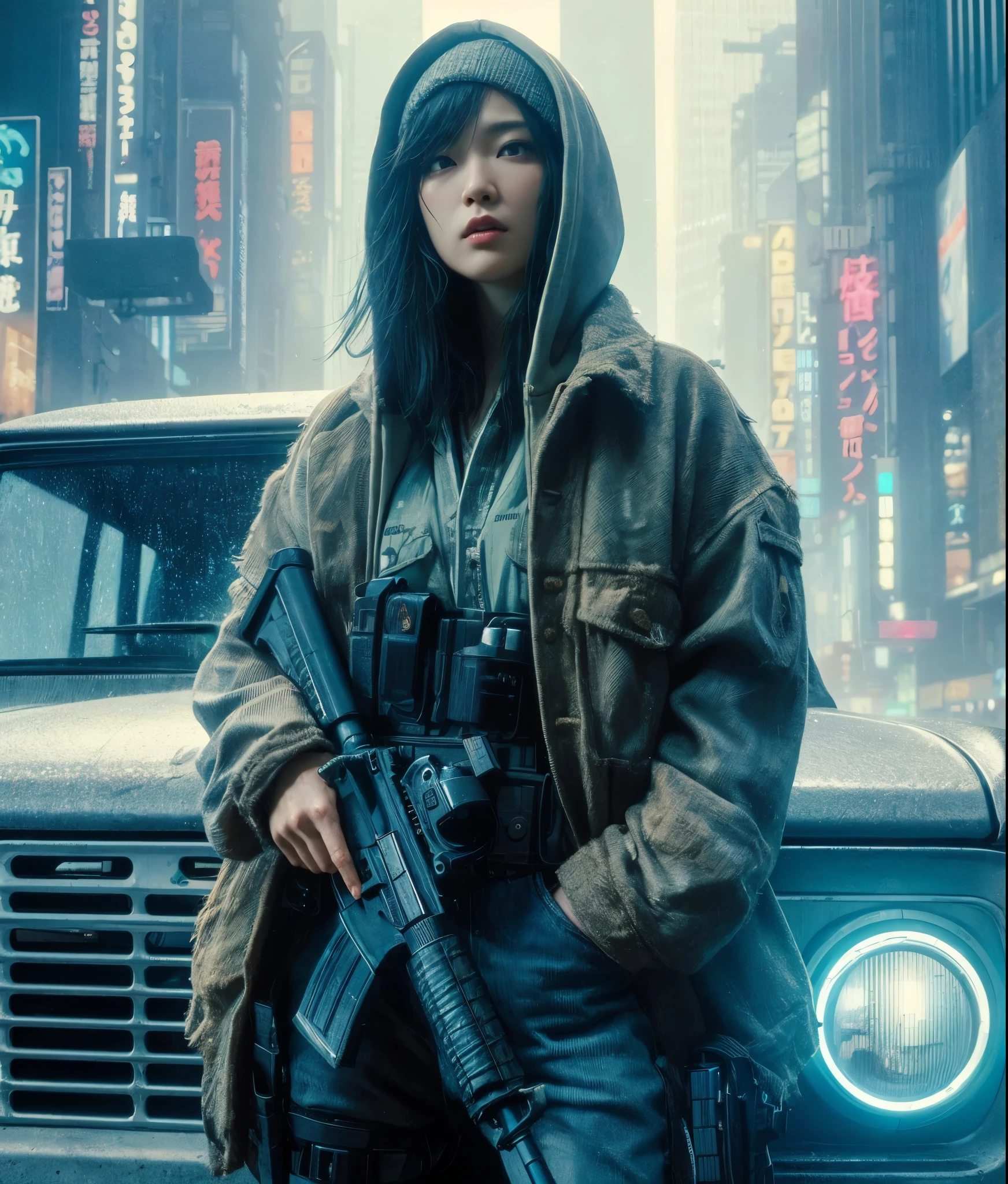 8k,Realistic Skin Texture、Realistic Photo、Neo Tokyo、Japanese women、Near future、AD2050、Dirty hunting jacket、Wearing multiple shirts and hoodies、Used automatic rifle、sneakers、Knit cap、、cold、Dynamic pose、Innovative composition、revenge、Near futureの街に不釣り合いな古びた1966年製フォード・ブロンコ、cyber punk、blade runner worldview、Large neon sign、Geisha hologram sign、Strong Wakamoto Sign