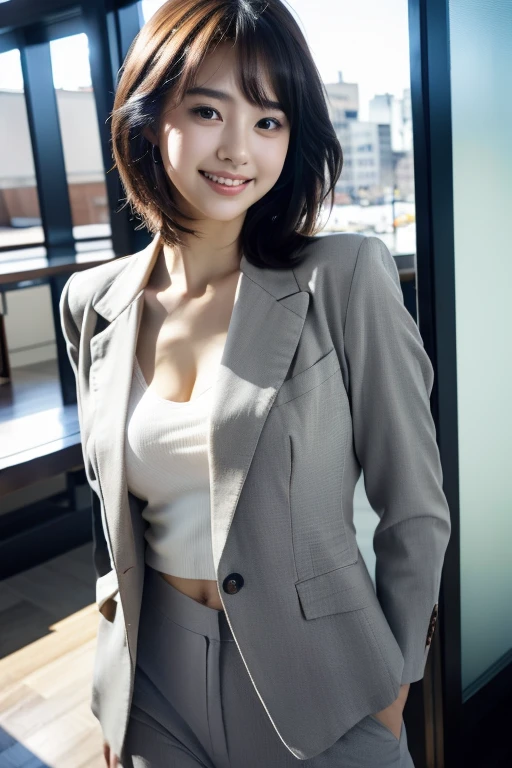 (Best quality, 8k, 32k, Masterpiece, UHD:1.2),Photo of Pretty Japanese woman,(detailed face:1.1), simple black suit, looking at viewer,upper body,necklace,medium breasts,smile