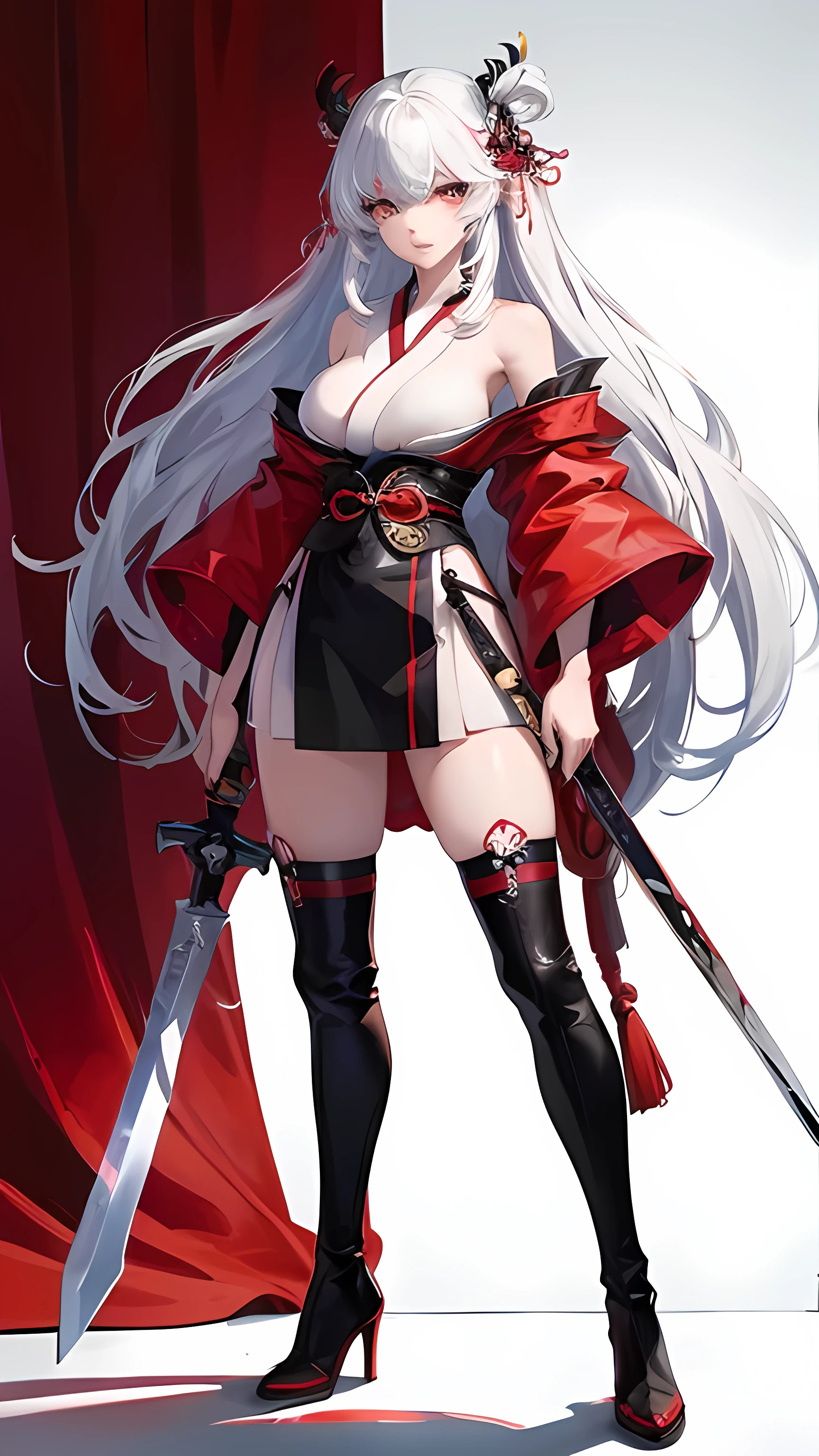 high resolution、high quality、Are standing、whole body、She has long, straight white hair and pink eyes.、Wearing a red kimono and carrying a large sword、Black boots、A strong and sexy adult woman、Daring、Large breasts、Standing with your legs apart