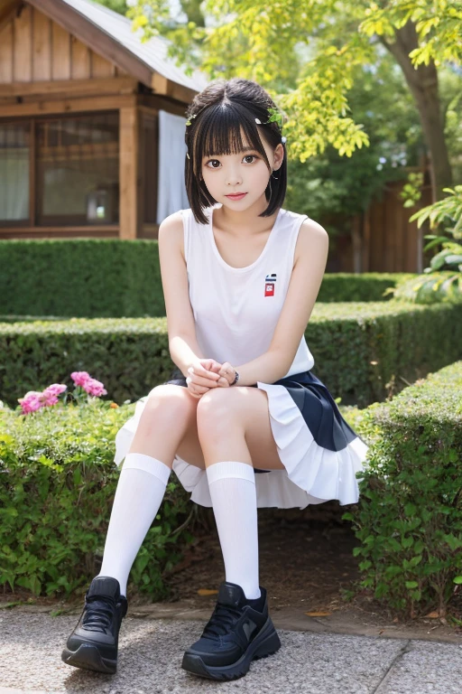 8k,Japanese,,Innocent face,Teenage Girle,mini skirt,Casual wear,Sitting,Black Hair,garden,Hair Clip、Light clothing、soaked、Cheerleader、cute、High exposure、Spreading her legs wide、See-through fashionable clothes、Show pants、Knee-high socks、Absolute area、camisole、Baggy tank top、I'm on my knees