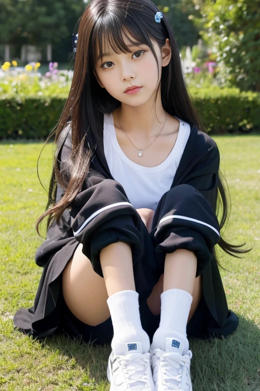 8k,Japanese,,Innocent face,Teenage Girle,mini skirt,Casual wear,Sitting,Black Hair,garden,Hair Clip、Light clothing、soaked、Cheerleader、cute、High exposure、Spreading her legs wide、See-through fashionable clothes、Show pants、Knee-high socks、Absolute area、camisole、Baggy tank top、I'm on my knees