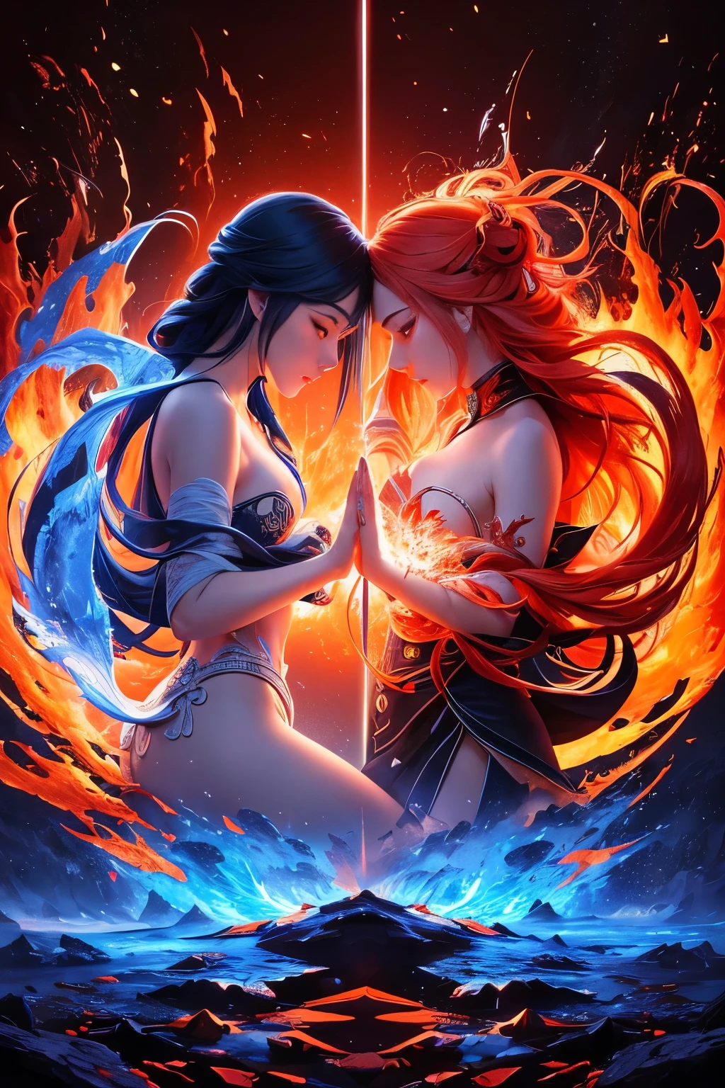 In the ethereal duality of a Yin Yang lunar eclipse, fire and ice collide in a mesmerizing display. The scene unfolds with fiery crimson flames licking against icy blue shards, each element reflecting the other in a celestial dance of balance. This magnificent image, likely a vibrant and detailed painting, captures the essence of opposing forces in perfect harmony. The intricate details and vivid colors of the composition make it a truly stunning work of art that captivates the viewer's gaze.