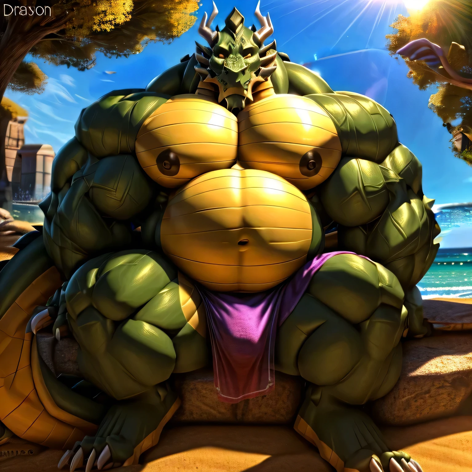 shendu, eastern dragon king, male dragon, eastern dragon,hefty body, with very big muscles, hulking, huge, colossal body, extremely strong, big abdominal muscles, hefty musclegut, pecs, Strong and robust musclegut , prominent muscle abs, sharp claws, legs, feet, full body, loincloth, nipples, sunlight, daylight, outdoor, bright , at noon, good weather, 4k, best quality,