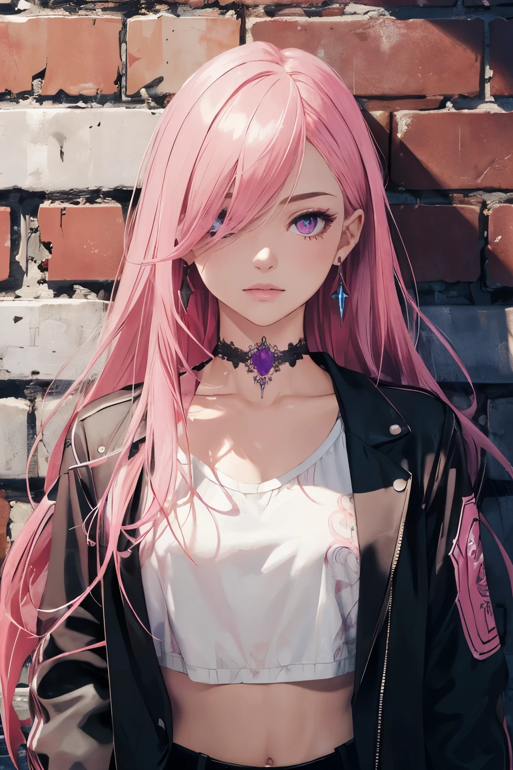 (masterpiece, best quality, 1girl, solo, intricate details, chromatic aberration), realistic, ((medium breath)),long hair, pink hair, red head ornament, pink highlights, hair over one eye,purple eyes, earrings, sharp eyes, choker, neon shirt, open jacket, crop top, (symmetry eyes),(perfect symmetrical body),against wall, brick wall, graffiti, dim lighting, alley ,look at viewer