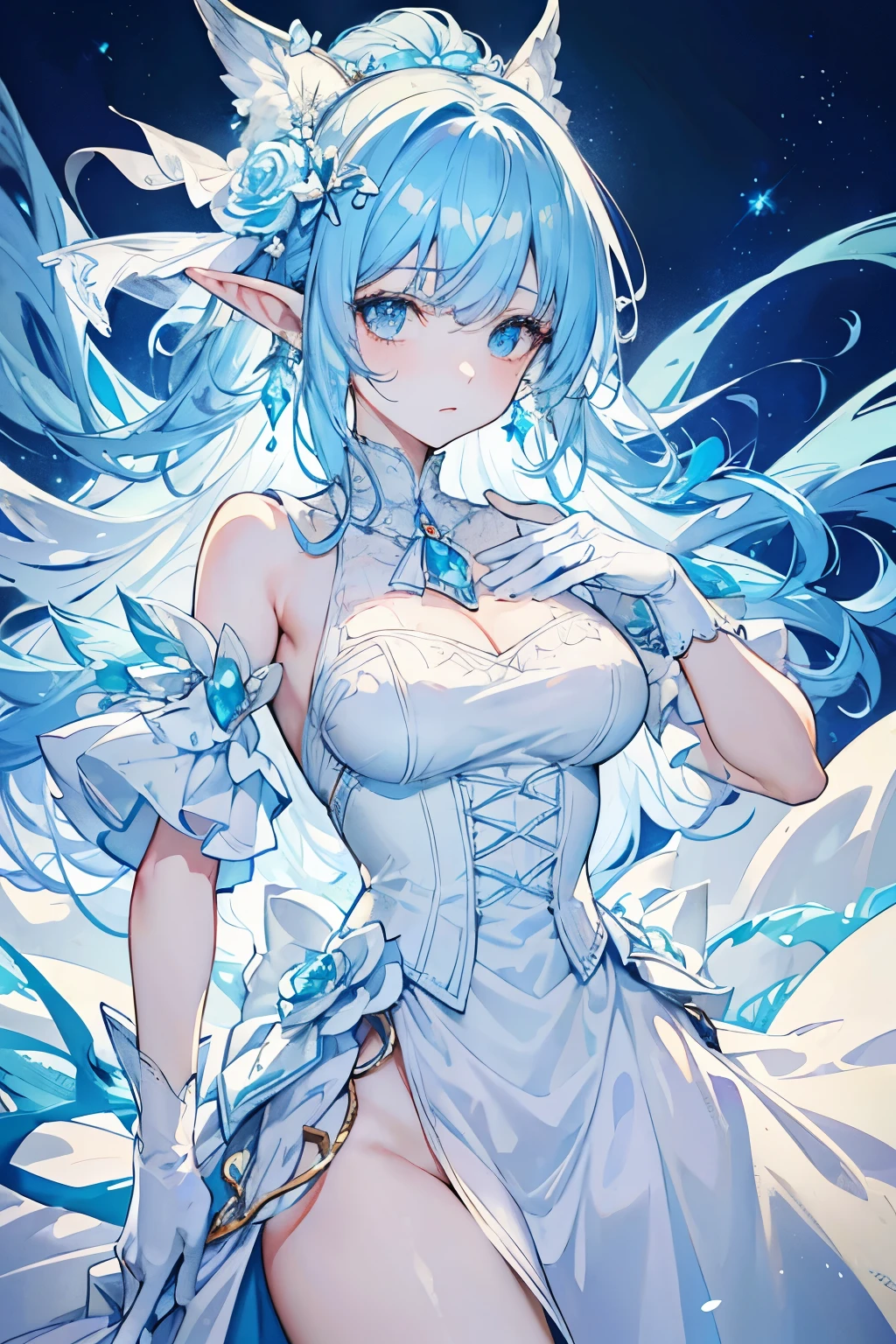 light blue hair, curly hair, expressive hair, hair bow, crystal earrings, cowboy shot, ((masterpiece)), textured skin, (super detail), high details, best quality, noble, ((princess)), (luxurious white dress), exposed shoulders, (silk gloves), colorful flowers, long pointy ears, elf