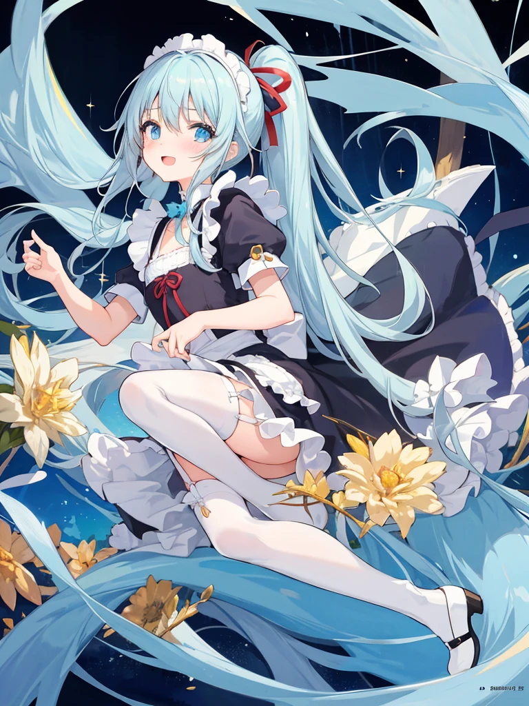 masterpiece, best quality, extremely detailed, (illustration, official art:1.1), 1 girl ,(((( light blue long hair)))), ,(((( light blue long hair)))),light blue hair, ,10 years old, long hair ((blush)) , cute face, big eyes, masterpiece, best quality,(((((a very delicate and beautiful girl))))),Amazing,beautiful detailed eyes,blunt bangs((((little delicate girl)))),tareme(true beautiful:1.2), sense of depth,dynamic angle,,,, affectionate smile, (true beautiful:1.2),,(tiny 1girl model:1.2),)(flat chest)),masterpiece,best quality, masterpiece, highres, solo, (arisu_bluearchive:1.10), 1girl, absurdly long hair, black dress, blush, frilled apron, looking at viewer, maid apron, maid headdress, official alternate costume, ponytail, puffy short sleeves, white apron, borrowed clothes, open mouth,white thighhighs, black footwear, holding mop, shoes, simple background, white background, :d, broom, garter straps, ribbon, water, 11