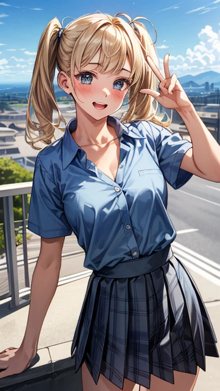 (masterpiece:1.3, highest quality, Ultra-high resolution, Very detailed), (Realistic:1.1, photoRealistic:1.4), Beautiful illustrations, Perfect lighting, colorful, Written boundary depth,
Beautiful detailsまでこだわった髪, Beautifully detailed face, Beautiful details, Beautiful clavicle, Beautiful body, Beautiful breasts, Beautiful thighs, Beautiful feet, Beautiful fingers,
View your viewers, 1 girl, Japanese, high school girl, Perfect Face, (Perfect Anatomy, Anatomically correct), Cute and symmetrical face, Baby Face, Sunburn, Shiny skin,
(Middle Hair:1.5, Twin tails:1.2, blonde), Asymmetrical bangs, blue eyes, Long eyelashes, (Medium Chest), thin,
((Collared short-sleeved shirt, Light blue shirt, , Grey plaid pleated skirt, To the Navy)), No pants, (Cum overflowing from the vagina),
(Beautiful views), evening, (Outdoor, distant cityscape), Are standing, (peace sign), (Cute Smile, Blushing、Upward glance, Open your mouth), (A beautiful pussy line like a bun)
