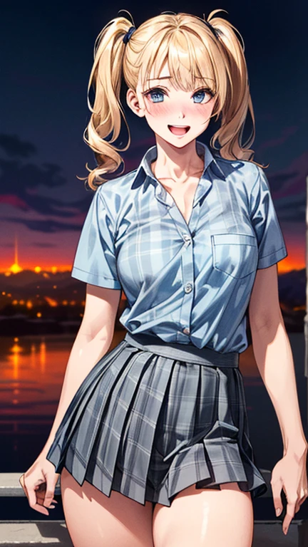 (masterpiece:1.3, highest quality, Ultra-high resolution, Very detailed), (Realistic:1.1, photoRealistic:1.4), Beautiful illustrations, Perfect lighting, colorful, Written boundary depth,
Beautiful detailsまでこだわった髪, Beautifully detailed face, Beautiful details, Beautiful clavicle, Beautiful body, Beautiful breasts, Beautiful thighs, Beautiful legs, Beautiful fingers,
View your audience, 1 girl, Japanese, high school girl, Perfect Face, (Perfect Anatomy, Anatomically correct), Cute and symmetrical face, , Sunburn, Shiny skin,
(Middle Hair:1.5, Twin tails:1.2, blonde), Asymmetrical bangs, blue eyes, Long eyelashes, (Medium Chest), thin,
((Collared short-sleeved shirt, Light blue shirt, , Grey plaid pleated skirt, To the Navy)), No pants,
(Beautiful views), evening, (Outdoor, distant cityscape), Are standing, (peace sign), (Cute Smile, Blushing、Upward glance, Open your mouth), (Perverted old man opens up girl'Cat:1.3),