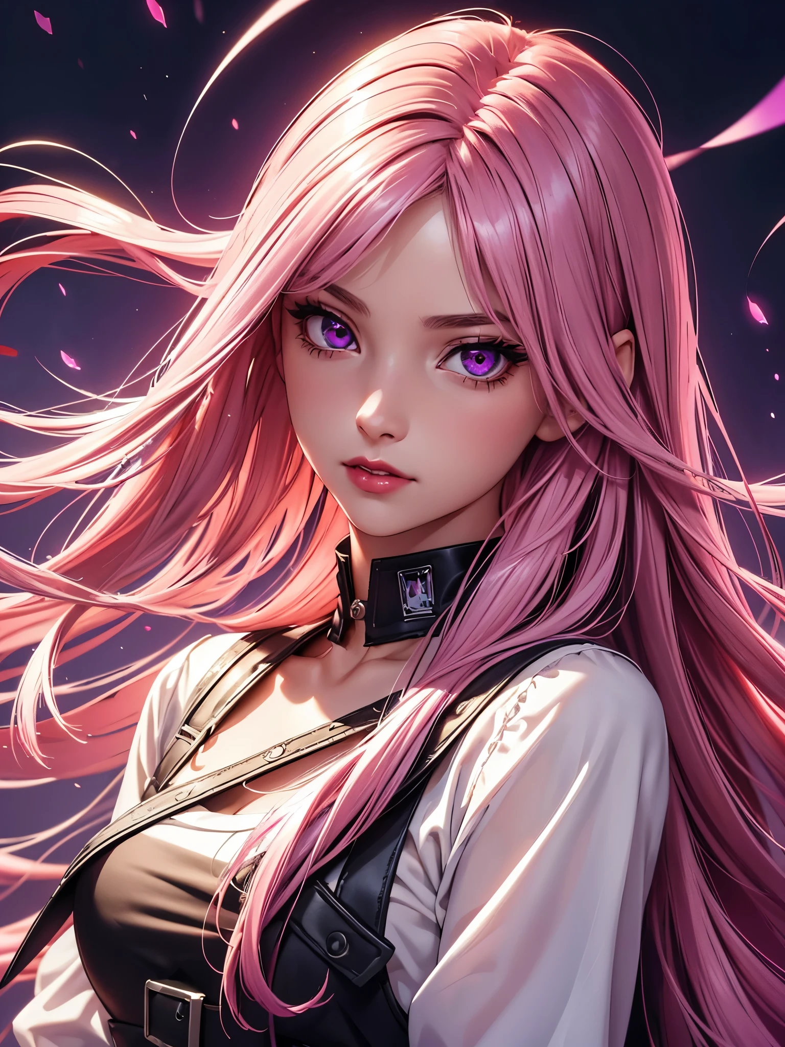 (Best quality at best,8K,A high resolution,tmasterpiece:1.2),Digital artwork, one girl,detailed face,detailed eyes,pink hair,long straight hair,glowing purple eyes,red lip,Suspenders