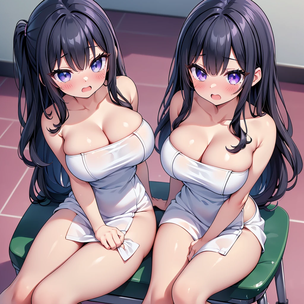 (cute eyes:1.2), (sparkling eyes:1.2), (8K、Best image quality、highest quality、masterpiece)、Detailed face、(2 girls)、Improve、(Black Hair, Purple Eyes, long hair)、(open mouth), (embarrassed), (skinny body:1.3),(huge breasts), (Naked Towel:1.3), (cleavage), Sit on a chair, Classroom Background, (Waistline:1.1),(close-up shot of bust), (from above:1.2)