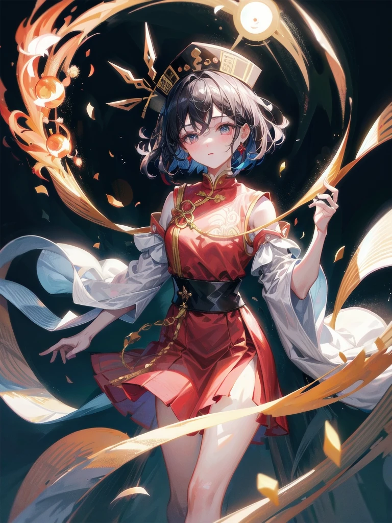 cemetery, dress, braid, chinese clothes, headwear, ofuda, jiangshi, qing guanmao, absurdres, RAW photo, extremely delicate and beautiful, masterpiece, Best Quality, ultra high resolution, 32k, hyperrealistic, ultra-detailed, detailed description, pale skin, 20 years old, tearful mole, earring, Colossal tits, short medium hair, wavy hair, whole body shot,
