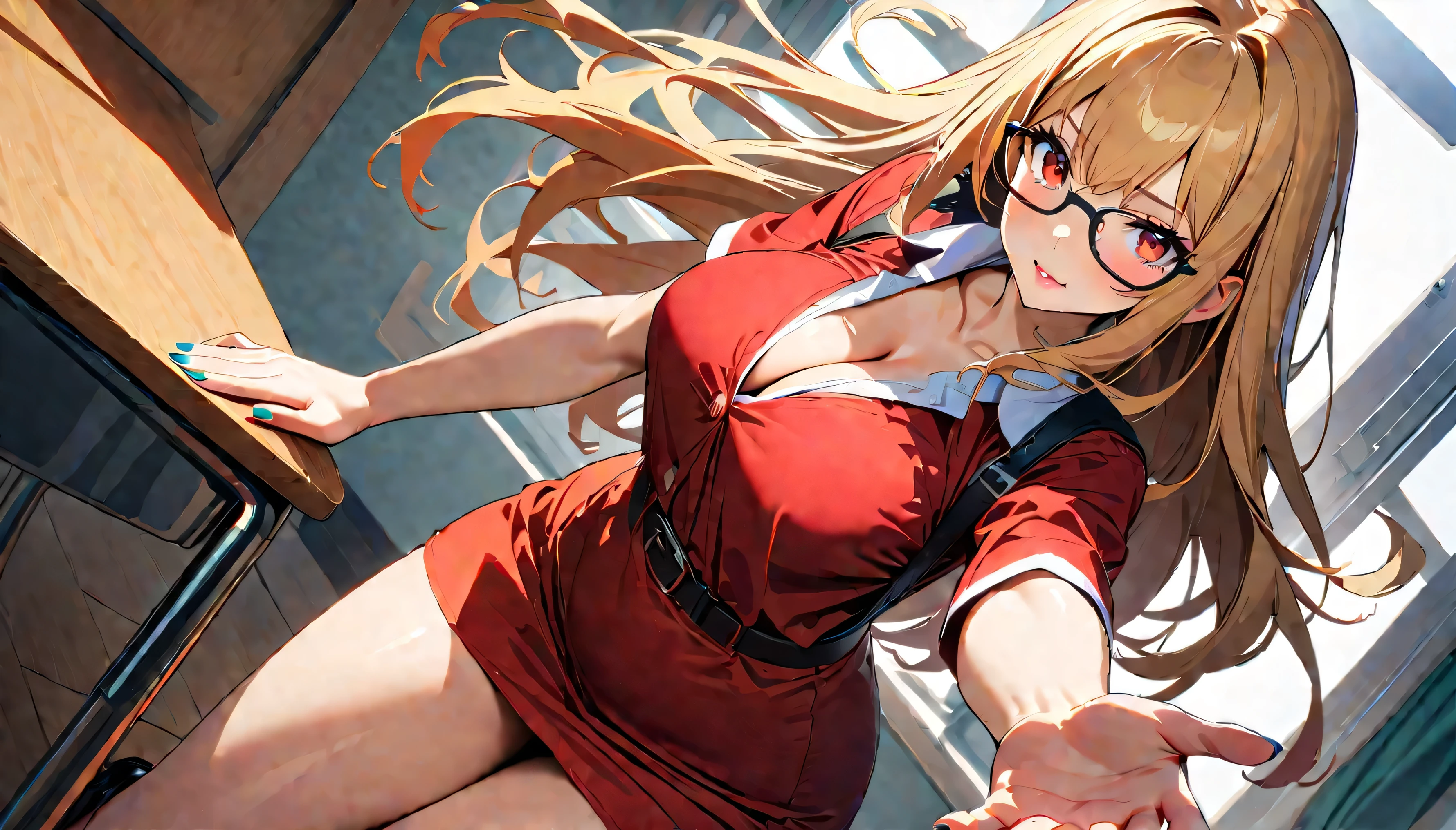 (highest quality: 1.2, Highly detailed, Latest, Vibrant, Super detail, Ultra-high resolution, High contrast, masterpiece: 1.2, highest quality, Best aesthetics, aya:0.9), alone, (1 woman), /( teacher/ ), (teacher), long hair, blonde hair, (red eyes: 1.3), long hair with brown highlights, thighs, skirt, sexy, cleavage, painted nails, belt, thighs with tights, glasses, classroom, shake hands welcome, pink lips, heels, red dress, sexy thigh, detailed leg, dynamic angle, random pause, highly detailed face and skin texture, cowboy shot,
